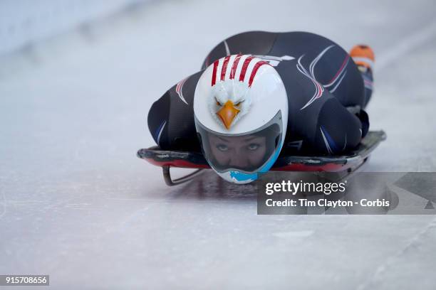 Katie Uhlaender of The United States in action during a Women's Skeleton training run ahead of the PyeongChang 2018 Winter Olympic Games at Olympic...