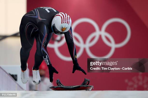 Katie Uhlaender of The United States in action during a Women's Skeleton training run ahead of the PyeongChang 2018 Winter Olympic Games at Olympic...