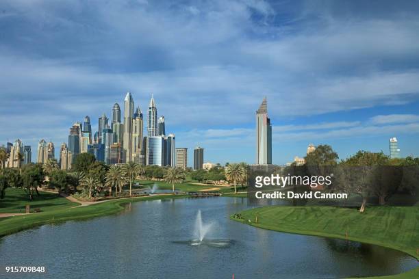 View of the green on the par 3, seventh hole with the Dubai Marina skyline behind on the Majlis Course at The Emirates Golf Club on January 31, 2018...
