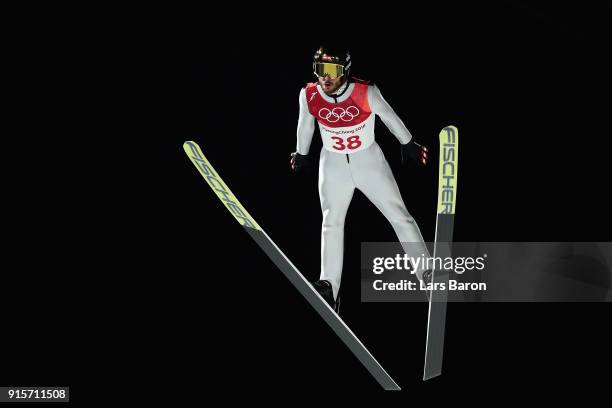 Manuel Fettner of Austria jumps during Men's Normal Hill Individual Trial Round for Qualification at Alpensia Ski Jumping Centre on February 8, 2018...