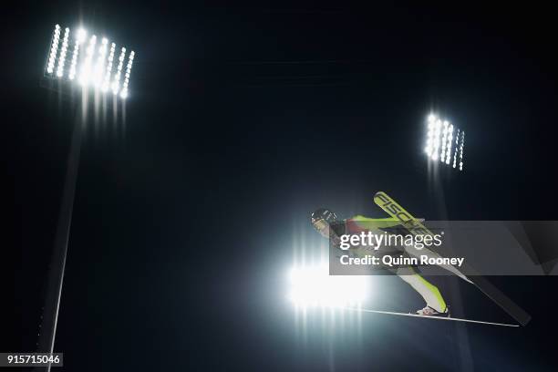 Stefan Kraft of Austria jumps during Men's Normal Hill Individual Trial Round for Qualification at Alpensia Ski Jumping Centre on February 8, 2018 in...