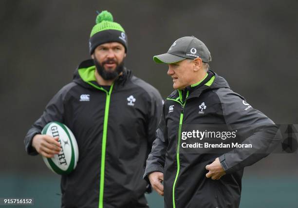 Kildare , Ireland - 8 February 2018; Head coach Joe Schmidt, right, with defence coach Andy Farrell during Ireland Rugby squad training at Carton...