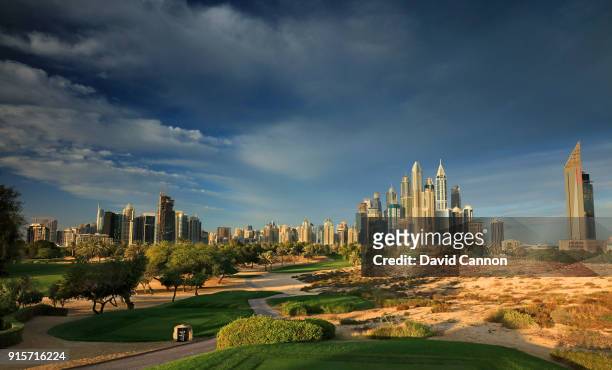 Polarising filter and graduated neutral density filter used on camera in this image; The par 4, eighth hole in the early morning light with the Dubai...