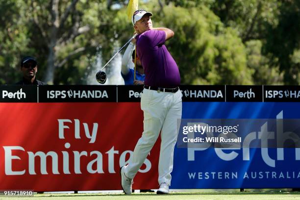 Marcus Fraser of Australia plays a tee shot on the 11th hole during day one of the World Super 6 at Lake Karrinyup Country Club on February 8, 2018...