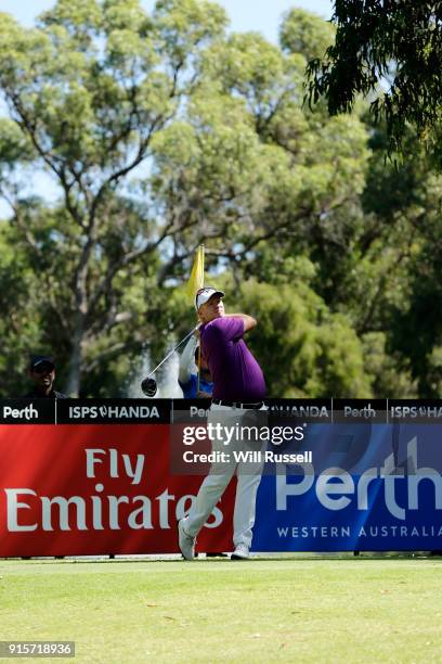 Marcus Fraser of Australia plays a tee shot on the 11th hole during day one of the World Super 6 at Lake Karrinyup Country Club on February 8, 2018...