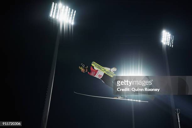 Markus Eisenbichler of Germany jumps during Men's Normal Hill Individual Trial Round for Qualification at Alpensia Ski Jumping Centre on February 8,...