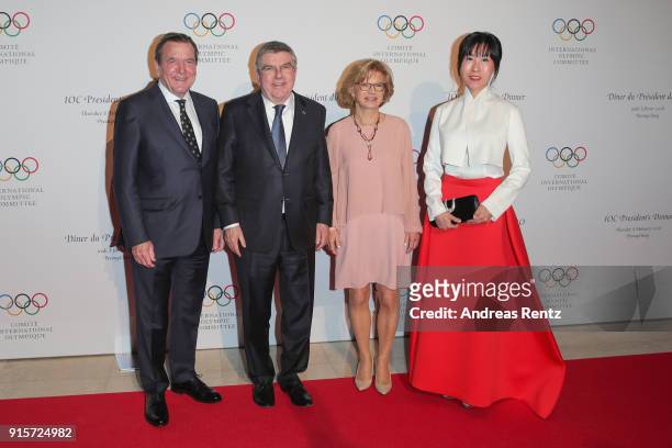 Former Chancellor of Germany Gerhard Schroder, IOC President Thomas Bach with his wife Claudia Bach and Soyeon Kim attend the IOC President's Dinner...