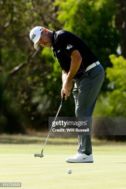 Lee Westwood of England lines putts on the 17th hole during day one of the World Super 6 at Lake Karrinyup Country Club on February 8, 2018 in Perth,...