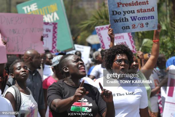 Activists demonstrate in the streets of Nairobi on February 8, 2018 to protest against the lack of adequate inclusion of women, youth and the...