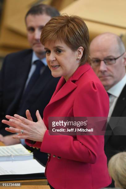 First Minister of Scotland Nicola Sturgeon answers questions during first minister's questions in the Scottish Parliament on February 8, 2018 in...