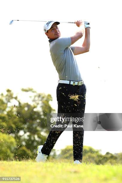 Brett Rumford of Australia plays his second shot on the 18th hole during day one of the World Super 6 at Lake Karrinyup Country Club on February 8,...