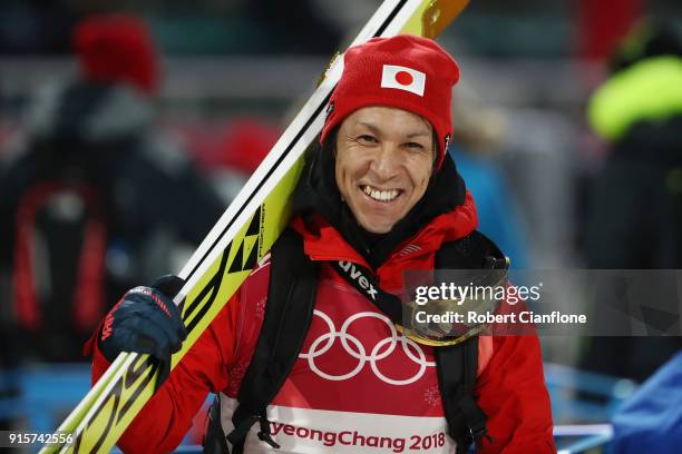 Noriaki Kasai of Japan reacts after competing in the Men's Normal Hill Individual Qualification at Alpensia Ski Jumping Centre on February 8, 2018 in...