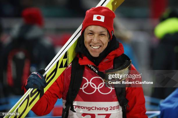 Noriaki Kasai of Japan reacts after competing in the Men's Normal Hill Individual Qualification at Alpensia Ski Jumping Centre on February 8, 2018 in...