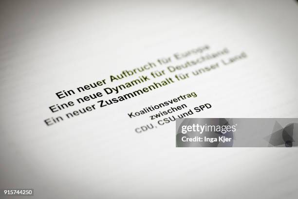 The coalition agreement, pictured in the course of a special faction meeting, on February 07, 2018 in Berlin, Germany. The German Social Democrats ,...