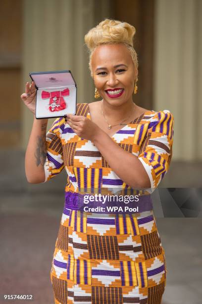 Singer Emeli Sande poses with her MBE medal, following an investiture ceremony at Buckingham Palace on February 8, 2018 in London, England.