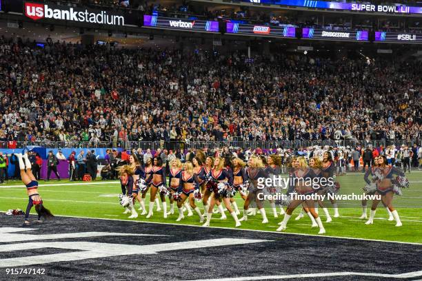 New England Patriots cheerleaders perform during Super Bowl LII at U.S. Bank Stadium on February 4, 2018 in Minneapolis, Minnesota. Corey...