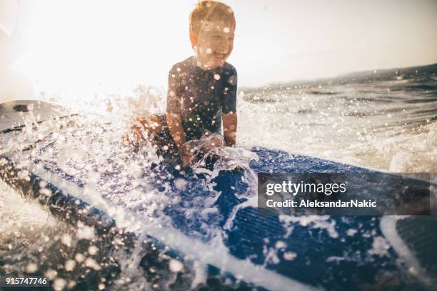 little boy on a surfboard - boy swimming stock pictures, royalty-free photos & images