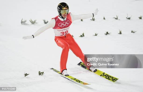 Michael Hayboeck of Austria competes in the Men's Normal Hill Individual Qualification at Alpensia Ski Jumping Centre on February 8, 2018 in...
