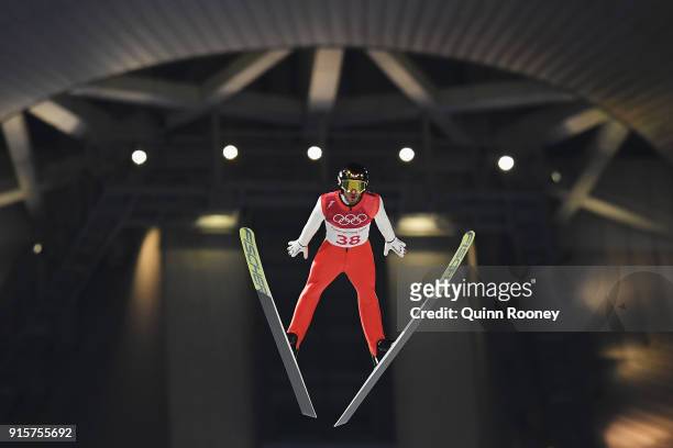 Manuel Fettner of Austria competes in the Men's Normal Hill Individual Qualification at Alpensia Ski Jumping Centre on February 8, 2018 in...