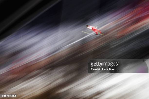 Manuel Fettner of Austria competes during Men's Normal Hill Individual Qualification at Alpensia Ski Jumping Centre on February 8, 2018 in...