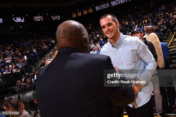 Player, Derek Carr attends the Oklahoma City Thunder game against the Golden State Warriors on February 6, 2018 at ORACLE Arena in Oakland,...