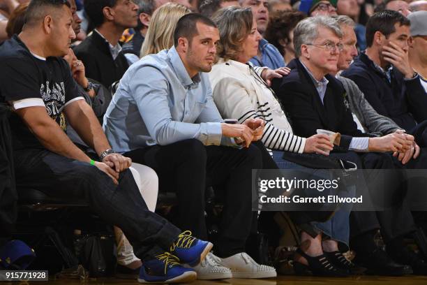 Player, Derek Carr attends the Oklahoma City Thunder game against the Golden State Warriors on February 6, 2018 at ORACLE Arena in Oakland,...