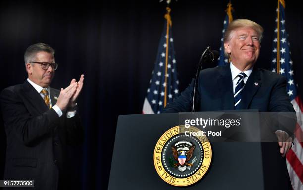 Rep. Randy Hultgren claps as President Donald Trump speaks at the National Prayer Breakfast on February 8, 2018 in Washington, DC. Thousands from...