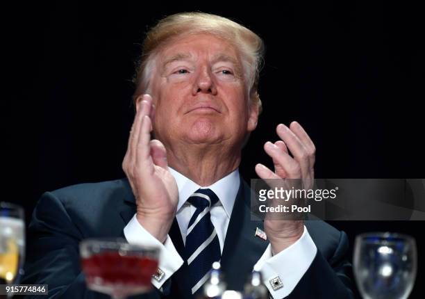 President Donald Trump attends the National Prayer Breakfast on February 8, 2018 in Washington, DC. Thousands from around the world attend the annual...