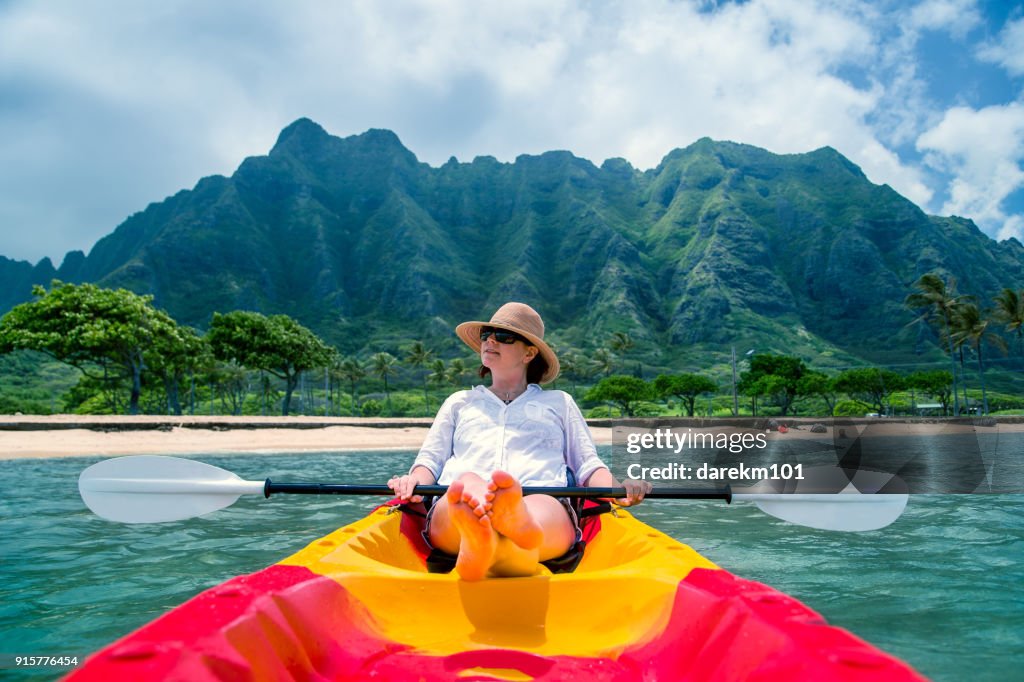 Woman Kayaking, Oahu, Hawaii, America, USA