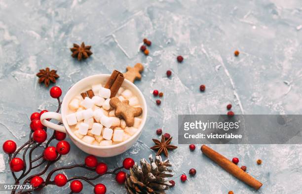 hot chocolate with marshmallows, gingerbread man, christmas spices and decoration - koniferenzapfen stock-fotos und bilder