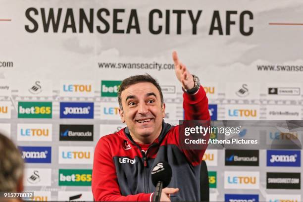 Manager Carlos Carvalhal speaks to members of the press during the Swansea City Training and Press Conference at The Fairwood Training Ground on...