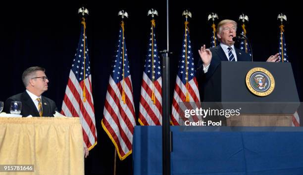 Rep. Randy Hultgren listens as President Donald Trump speaks at the National Prayer Breakfast on February 8, 2018 in Washington, DC. Thousands from...