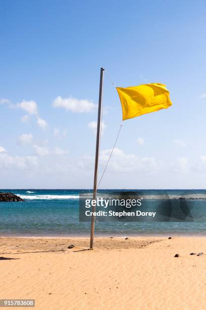 a yellow flag flying on the beach on the canary island of fuerteventura - caleta de fuste stock pictures, royalty-free photos & images