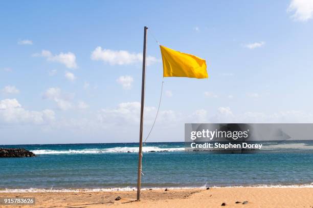 a yellow flag flying on the beach on the canary island of fuerteventura - caleta de fuste stock pictures, royalty-free photos & images