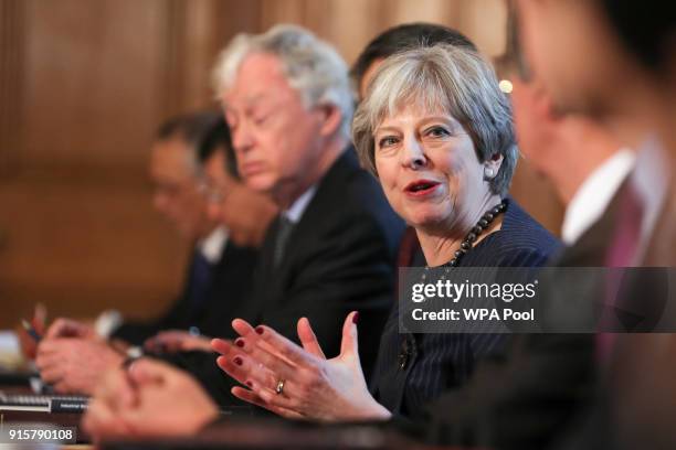 Britain's Prime Minister Theresa May speaks as she hosts a roundtable with Japanese investors in the UK at 10 Downing Street on February 8, 2018 in...