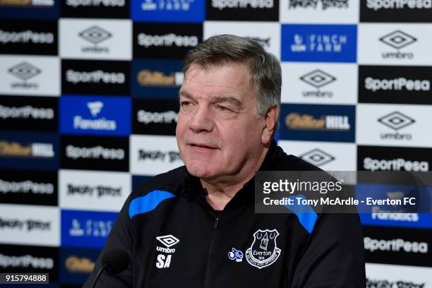 Sam Allardyce speaks to the press during the Everton press conference at USM Finch Farm on February 8, 2018 in Halewood, England.