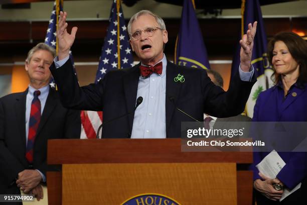 Rep. Earl Blumenauer talks to reporters while announcing the House Democrats' new infrastructure plan during a news conference with Rep. Frank...