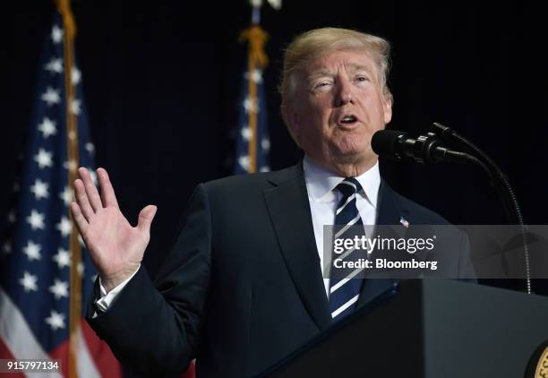 President Donald Trump speaks during the National Prayer Breakfast in Washington, D.C., U.S., on Thursday, Feb. 8, 2018. Trump urged a more just and...