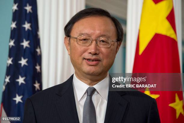 China's top diplomat Yang Jiechi arrives for a photo opportunity with US Secretary of State Rex Tillerson at the State department in Washington,DC on...