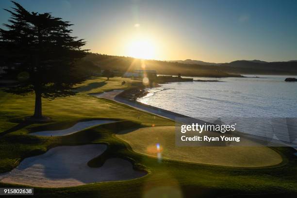 Scenic view of the 18th hole during the first round of the AT&T Pebble Beach Pro-Am at Pebble Beach Golf Links, on February 8, 2018 in Pebble Beach,...