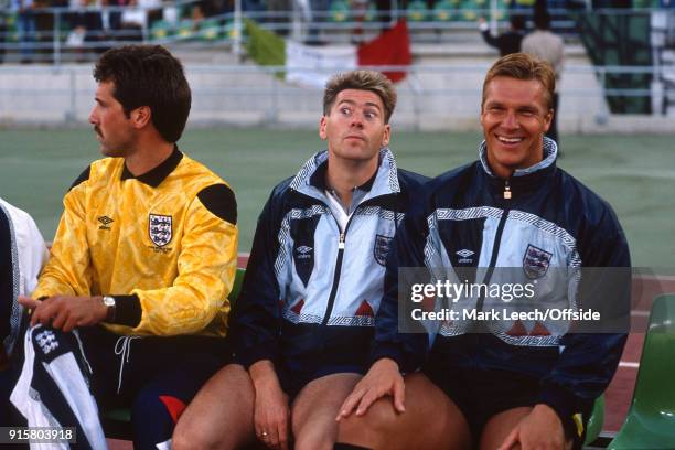 July 1990 Bari ; FIFA World Cup third place match ; Italy v England ; Chris Waddle makes a facial expression on the England bench to the amusement of...