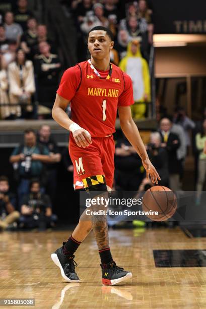 Maryland Terrapins guard Anthony Cowan Jr. Brings the ball up the court during the Big Ten Conference college basketball game between the Maryland...