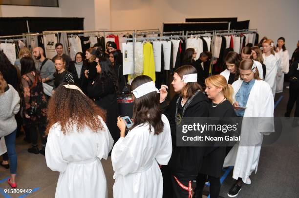 Model prepare backstage for Noon By Noor during New York Fashion Week: The Shows at Gallery II at Spring Studios on February 8, 2018 in New York City.