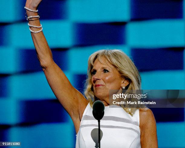 American educator Dr Jill Biden waves from the podium during the Democratic National Convention at the Wells Fargo Arena, Philadelphia, Pennsylvania,...