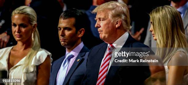 American real estate developer and presidential candidate Donald Trump stands with his daughter-in-law Vanessa Trump , son Donald Trump Jr, and...