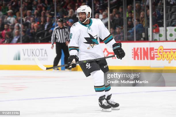 Joel Ward of the San Jose Sharks skates against the Colorado Avalanche at the Pepsi Center on February 6, 2018 in Denver, Colorado.