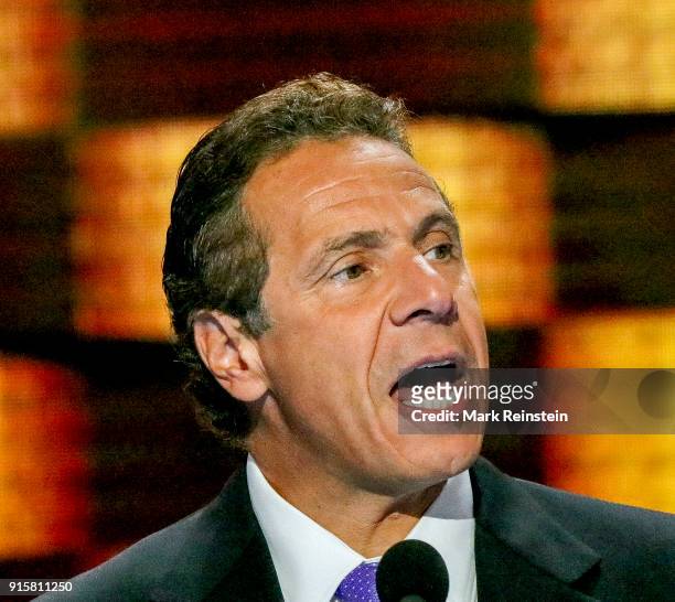 Close-up of American politician New York Governor Andrew Cuomo as he addresses the Democratic National Convention at the Wells Fargo Arena,...