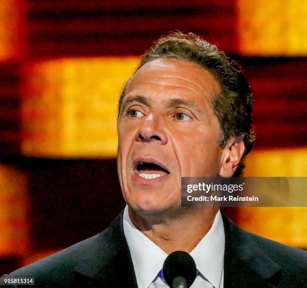 Close-up of American politician New York Governor Andrew Cuomo as he addresses the Democratic National Convention at the Wells Fargo Arena,...