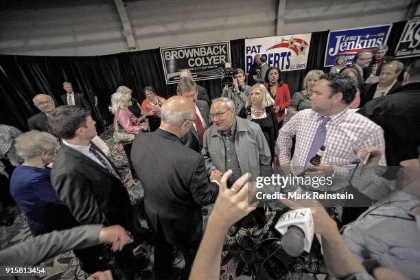 American politician US Senator Pat Roberts talks with supporters at an Elections night party in the Capitol Plaza Hotel ballroom, Topeka, Kansas,...