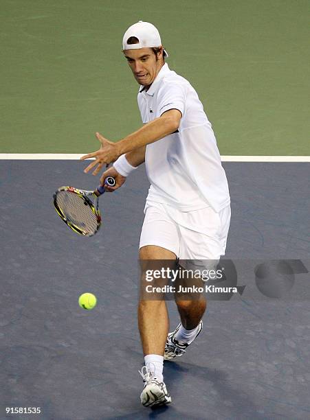 Richard Gasquet of France plays a forehand in his match against Jo-Wilfried Tsonga of France during day four of the Rakuten Open Tennis tournament at...